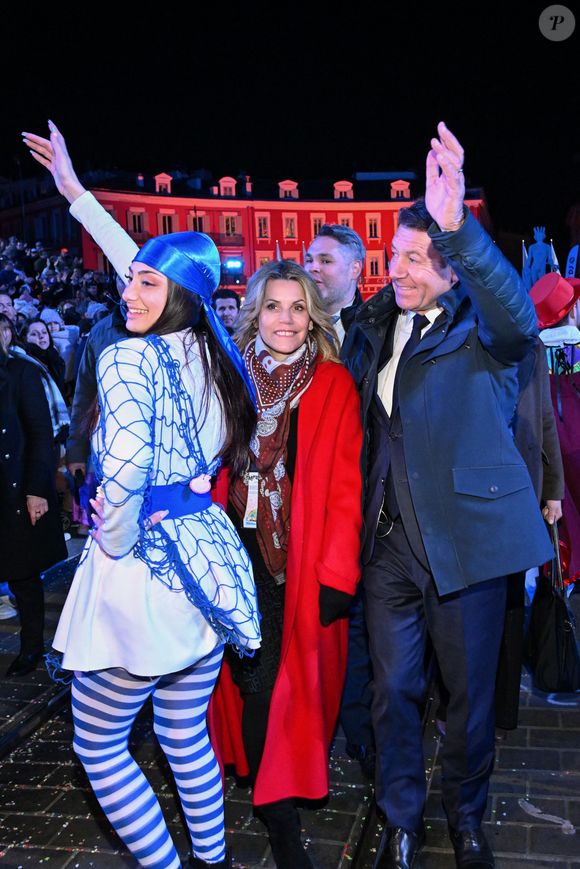 Christian Estrosi, le maire de Nice, et sa femme Laura Tenoudji Estrosi durant la soirée d'ouverture de la 140eme édition du Carnaval de Nice "Roi des Oceans" à Nice, le 15 février 2025. © Bruno Bebert/Bestimage