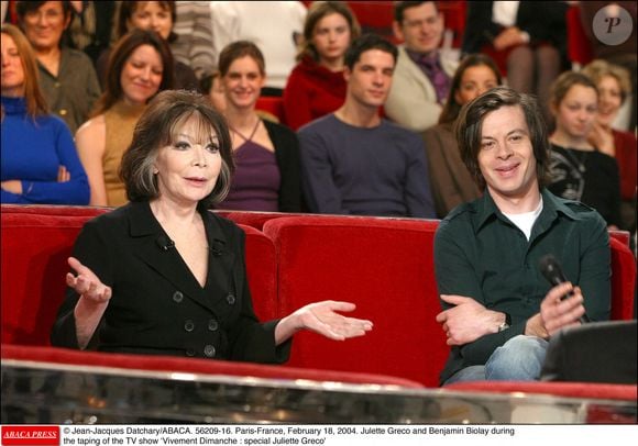 Julette Greco et Benjamin Biolay lors de l'enregistrement de l'émission 'Vivement Dimanche : spécial Juliette Greco'. Paris-France, 18 février 2004. © Jean-Jacques Datchary/ABACA.