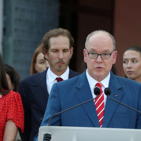 Andrea Casiraghi, le Prince Albert II de Monaco, Louis Ducruet lors de la célébration des 20 ans de règne du Prince Albert II de Monaco, sur la place du Palais à Monte, Carlo, Monaco, le 19 juillet 2025. Cyril Dodergny/Nice Matin/Bestimage