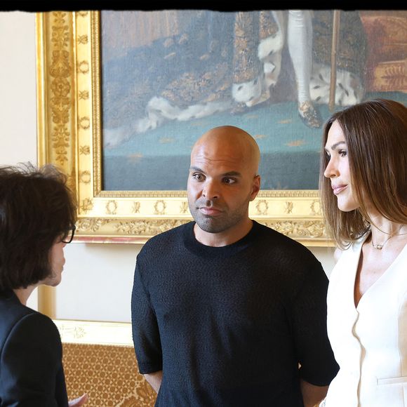 Exclusif - Vitaa, Saïd Boussif, Rachida Dati - La chanteuse Vitaa et le Producteur musical Saïd Boussif élevés par la ministre de la Culture, Rachida Dati au grade de chevalier dans l'ordre des Arts et Lettres dans le salon des Maréchaux au ministère de la Culture à Paris le 24 juin 2024. © Dominique Jacovides - Alain Guizard / Bestimage
