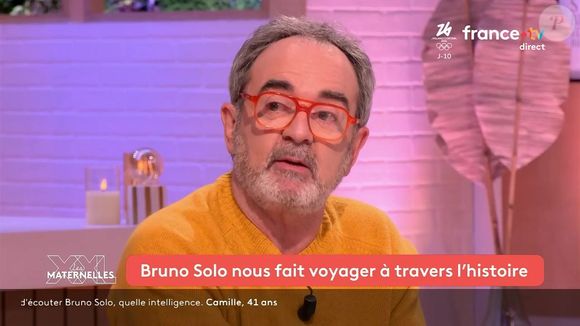 "Je me suis embourgeoisé par rapport à avant", a-t-il notamment déclaré.

Bruno Solo était invité le 27 janvier 2026 de l'émission "Les Maternelles XXL", diffusée sur France 5.
 
Capture d'écran de l'émission "Les Maternelles XXL" diffusée sur France 5.