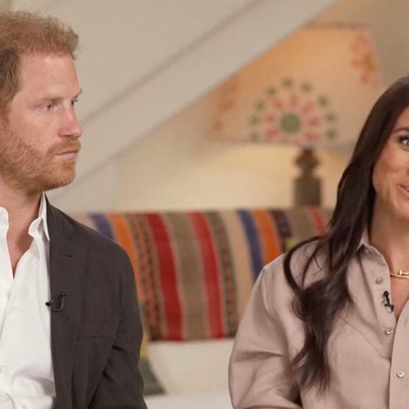 Le prince Harry, duc de Sussex et Meghan Markle, duchesse de Sussex, lors d'une interview pour l'émission CBS News Sunday Morning, diffusée le 4 août 2024. Lors de ce programme, le couple princier a évoqué leurs enfants, Archie Harrison, 5 ans et Lilibet Diana, 3 ans et leur volonté de les protéger des dangers du web.