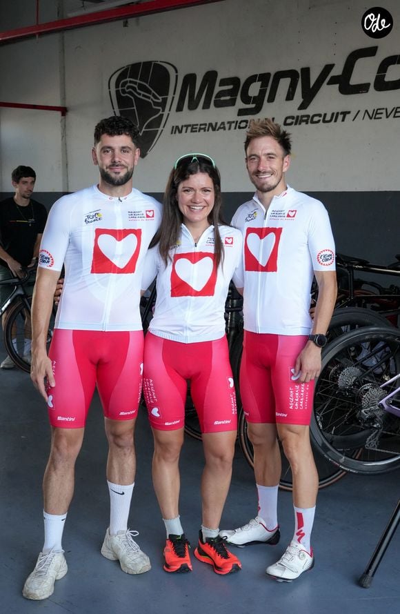 Exclusif - Joris Ventaja (@languedebut), Constance Schaerer, Dorian Louvet - Les célébrités lors de “L'Etape du Coeur” de l’association Mécénat Chirurgie Cardiaque en collaboration avec le Tour de France entre le circuit de Nevers Magny-Cours et Chalon-sur-Saône le 15 juillet 2026.  © Anne-Sophie Guebey/Bestimage