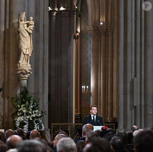 Emmanuel Macron, président de la République Française lors de la cérémonie de réouverture de la cathédrale Notre-Dame de Paris, le 7 décembre 2024. © Eric Tschaen/Pool/Bestimage