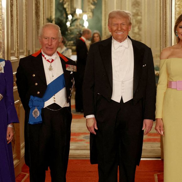 Donald J. Trump (président des Etats-Unis) et la Première dame Melania Trump, le roi Charles III d'Angleterre et Camilla Parker Bowles, reine consort d'Angleterre, le prince William, prince de Galles, et Catherine (Kate) Middleton, princesse de Galles, lors du banquet d'Etat au chateau de Windsor en l'honneur de la visite officielle de président Donald Trump et de la Première dame Melania au Royaume-Uni, 17 septembre 2025.
© PA Photo/ Bestimage