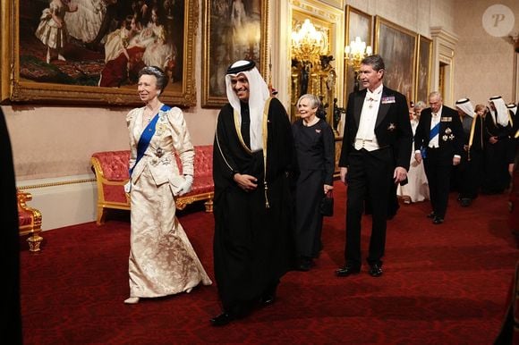 La Princesse Royale et S.E. Sheikh Mohammed bin Abdulrahman bin Jassim Al Thani se dirigent vers l'East Gallery pour assister au banquet d'État de l'émir du Qatar, Sheikh Tamim bin Hamad Al Thani, au palais de Buckingham, à Londres, lors de sa visite d'État au Royaume-Uni. Londres, Royaume-Uni, mardi 3 décembre 2024. Photo by Aaron Chown/PA Wire/ABACAPRESS.COM