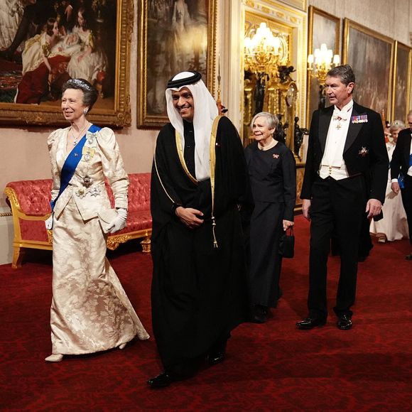 La Princesse Royale et S.E. Sheikh Mohammed bin Abdulrahman bin Jassim Al Thani se dirigent vers l'East Gallery pour assister au banquet d'État de l'émir du Qatar, Sheikh Tamim bin Hamad Al Thani, au palais de Buckingham, à Londres, lors de sa visite d'État au Royaume-Uni. Londres, Royaume-Uni, mardi 3 décembre 2024. Photo by Aaron Chown/PA Wire/ABACAPRESS.COM