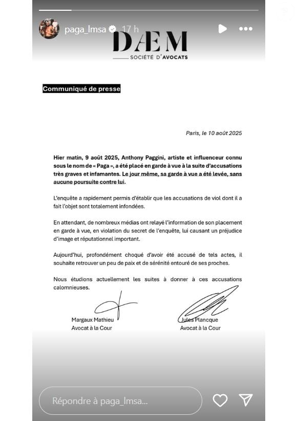 Le communiqué des avocats de Paga, publié le 10 août 2025 dans sa story Instagram.