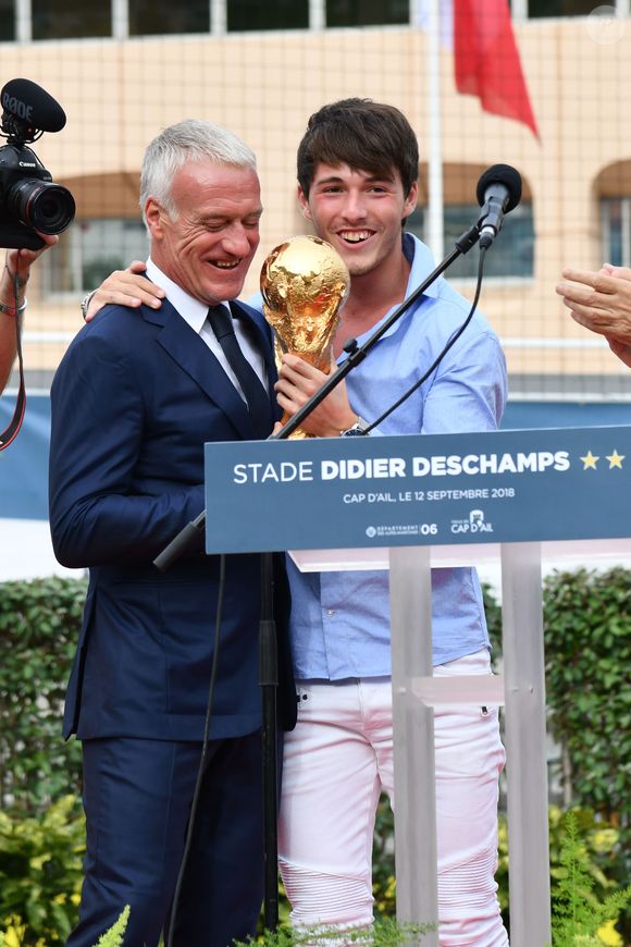 Didier et Dylan Deschamps durant l'inauguration du Stade de football Didier Deschamps à Cap d'Ail le 12 septembre 2018. © Bruno Bebert / Bestimage