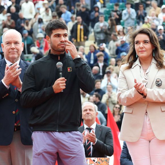 La princesse Charlene de Monaco, le prince Albert II de Monaco, Carlos Alcaraz, Lorenzo Musetti, Melanie Antoinette de Massy - Finale de la 118ème édition du Rolex Monte-Carlo Masters, au Monte-Carlo Country Club à Roquebrune Cap Martin, le 13 avril 2025. L'espagnol Carlos Alcaraz a battu l'italien Lorenzo Musetti 3-6 / 6-1 / 6-0. © Claudia Albuquerque/ Bestimage