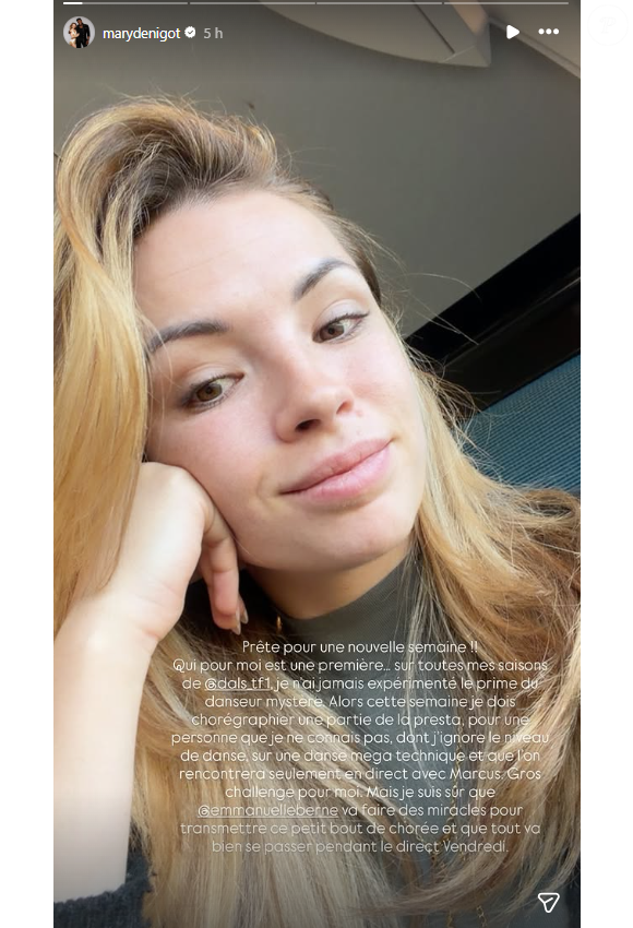 "Prête pour une nouvelle semaine !! Qui pour moi est une première... Sur toutes mes saisons de Dals, je n'ai jamais expérimenté le prime du danseur mystère", 

Marie Denigot se confie sur le prochain prime de Danse avec les stars