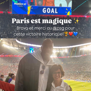 Rachida Dati prend la pose avec Teddy Riner et le président du Paris Saint-Germain, Nasser Al-Khelaifi lors de la finale de la Ligue des champions à Munich en Allemagne le 31 mai 2025 © Instagram