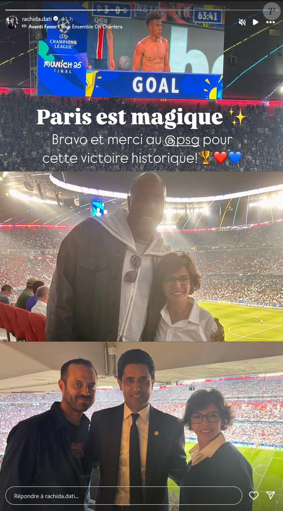 Rachida Dati prend la pose avec Teddy Riner et le président du Paris Saint-Germain, Nasser Al-Khelaifi lors de la finale de la Ligue des champions à Munich en Allemagne le 31 mai 2025 © Instagram