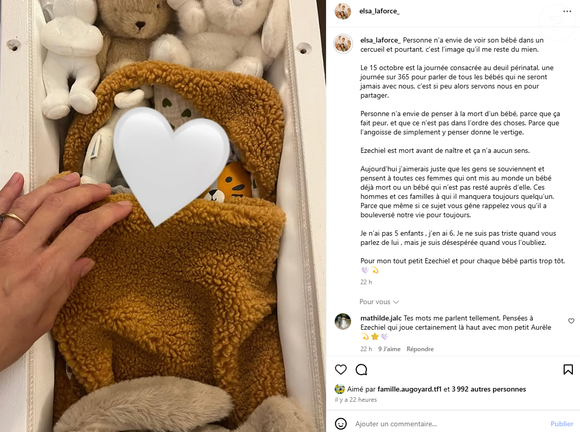 Deux mois plus tard, elle se saisit de son compte Instagram pour rendre hommage à son fils.

Elsa Laforce (Familles nombreuses) rend hommage à son fils Ezechiel, né sans vie en août dernier.