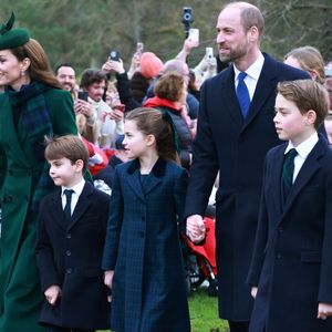 Catherine (Kate) Middleton, princesse de Galles, Prince Louis, Princesse Charlotte, Prince George, Le prince William, prince de Galles - La famille royale britannique se rend à la messe de Noël à Sandringham le 25 décembre 2024.