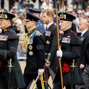 La princesse Anne, Le prince Edward, duc d'Edimbourg, Le prince Harry, duc de Sussex, Peter Phillips - - Procession du cercueil de la reine Elizabeth II d'Angleterre de l'Abbaye de Westminster à Wellington Arch à Hyde Park Corner, près du palais de Buckingham, au son de Big Ben et de coups de canon. Dans le cadre des funérailles d'Etat, le cercueil sera ensuite transféré dans le corbillard royal pour prendre la direction du château de Windsor. Londres,  le 19 septembre 2022. Royalportraits Europe/Bernard Rubsamen / Bestimage