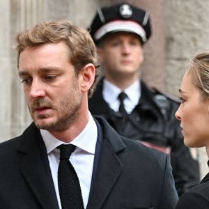 Pierre Casiraghi et sa femme Beatrice Borromeo - Obsèques de Didier Guillaume (ancien ministre de l'Agriculture entre 2018 et 2020 et ancien Ministre d'Etat de Monaco 2024–2025) en la cathédrale Notre-Dame-Immaculée de Monaco le 23 janvier 2025. © Bruno Bebert/Bestimage