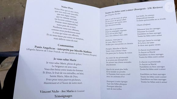 Livrets de funérailles des obsèques de Brigitte Bardot en l'église Paroissiale Notre-Dame-de-l'Assomption de Saint-Tropez, France, le 7 janvier 2026. © Bestimage