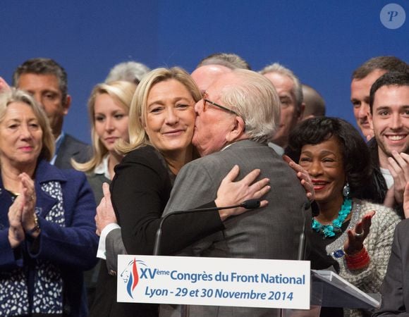 Marine Le Pen, présidente du FN, et son père Jean-Marie Le Pen présentent le Comité Central - Deuxième jour du Congrès du Front National à Lyon. Le 30 novembre 2014