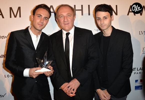 Sebastien Meyer (prix Jeunes Créateurs de l'ANDAM), François-Henri Pinault et Arnaud Vaillant (prix Jeunes Créateurs de l'ANDAM) - Cérémonie de remise du prix de l'Andam 2014 à l'hôtel Potocki, Chambre de Commerce et d'Industrie de Paris.