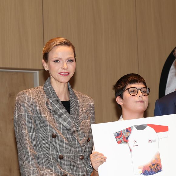 La Princesse Charlène de Monaco assiste au 2ème concours créatif du maillot qui sera porté par l'équipe nationale monégasque de rugby à VII des moins de 16 ans. 
© Claudia Albuquerque / Bestimage