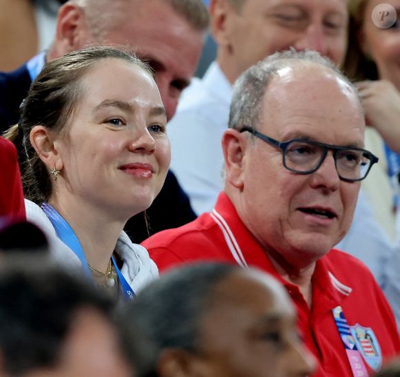 Alexandra de Hanovre, Prince Albert II de Monaco  en tribunes pendant l'épreuve de basketball de Demi-Finale opposant les Etats-Unis à la Serbie lors des Jeux Olympiques de Paris 2024 (JO) à l'Arena Bercy, à Paris, France, le 8 août 2024. © Jacovides-Perusseau/Bestimage