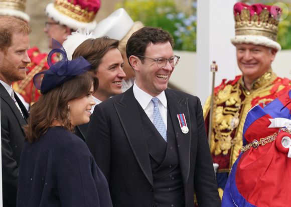 Sortie de la cérémonie de couronnement du roi d'Angleterre à l'abbaye de Westminster de Londres Le prince Harry, duc de Sussex, La princesse Eugenie d'York et son mari Jack Brooksbank - Sortie de la cérémonie de couronnement du roi d'Angleterre à l'abbaye de Westminster de Londres, Royaume Uni, le 6 mai 2023.  
Agence