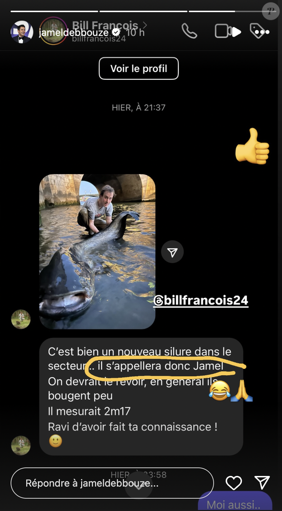 “C’est bien un nouveau silure dans le secteur. Il s'appellera donc Jamel. (...) Il mesurait 2m17”, écrit au mari de Mélissa Theuriau le pêcheur en question