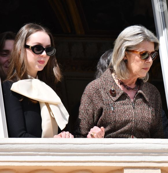 La princesse Alexandra de Hanovre et la princesse Caroline de Hanovre -  Le prince de Monaco fête son anniversaire (66 ans) en famille sur la Place du Palais princier de Monaco, le 14 mars 2024. © Bruno Bebert/Bestimage