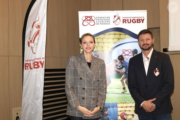 La Princesse Charlène de Monaco assiste au 2ème concours créatif du maillot qui sera porté par l'équipe nationale monégasque de rugby à VII des moins de 16 ans. 
© Claudia Albuquerque / Bestimage