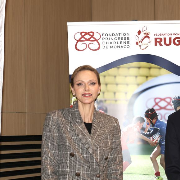 La Princesse Charlène de Monaco assiste au 2ème concours créatif du maillot qui sera porté par l'équipe nationale monégasque de rugby à VII des moins de 16 ans. 
© Claudia Albuquerque / Bestimage