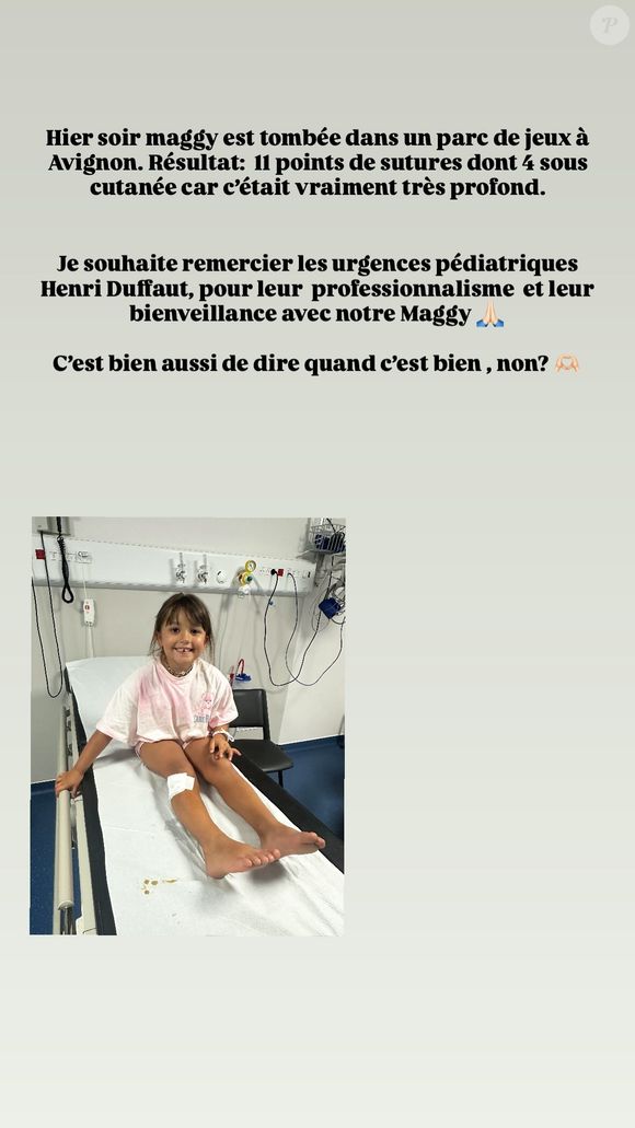 Alizée a publié une story où on voit la fillette dans un lit d'hôpital. 

Capture d'écran de la story d'Alizée sur Instagram mercredi 16 juillet 2025. @alizeeofficiel