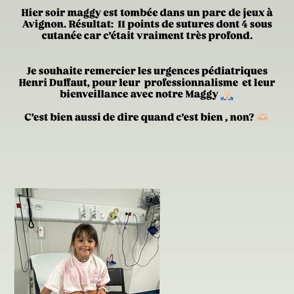 Alizée a publié une story où on voit la fillette dans un lit d'hôpital. 

Capture d'écran de la story d'Alizée sur Instagram mercredi 16 juillet 2025. @alizeeofficiel