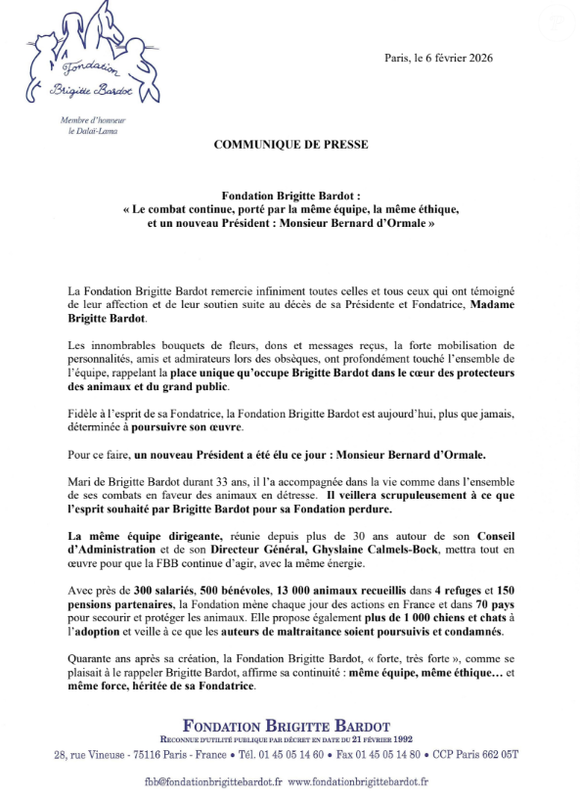 Communiqué de la fondation Brigitte Bardot