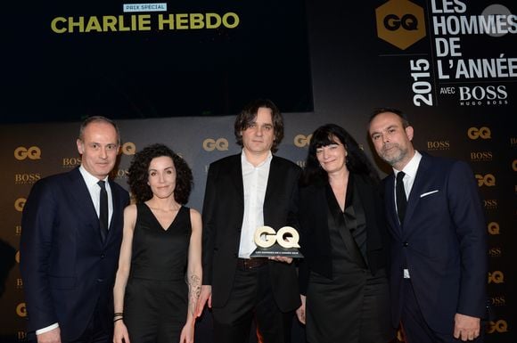 Exclusif - Xavier Romatet, Corinne Rey (Coco), Laurent Sourisseau (Riss), guest, Emmanuel Poncet - Intérieur - Cérémonie des "GQ 2015, Les Hommes de l'Année" au Shangri-La Hotel à Paris, le 25 janvier 2016. © Rachid Bellak/Bestimage