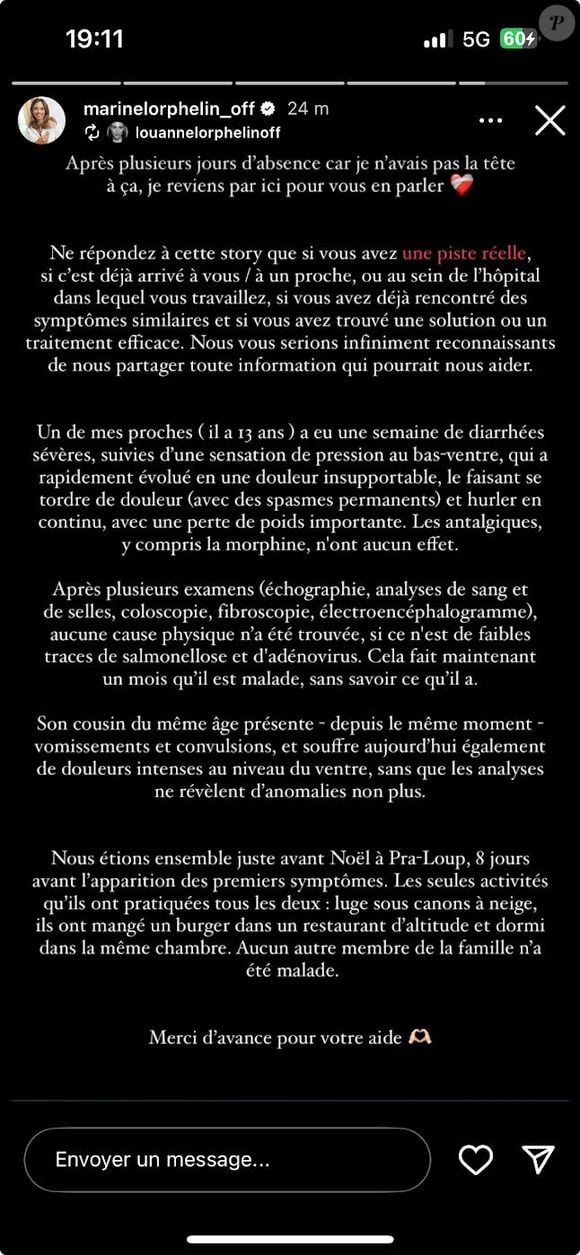 L'ancienne Miss France qui est docteur a pris la parole afin de parler de plusieurs de ses proches qui sont malades. 

Marine Lophelin demande de l'aide à ses communauté. Un de ses proches est malade.