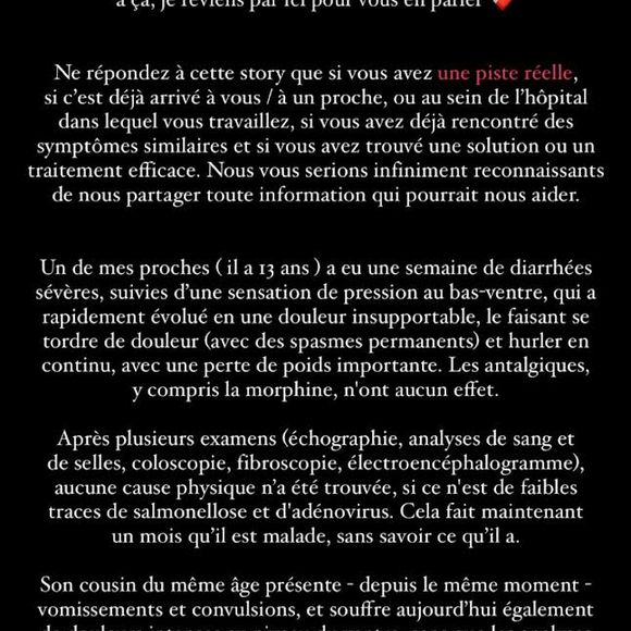 L'ancienne Miss France qui est docteur a pris la parole afin de parler de plusieurs de ses proches qui sont malades. 

Marine Lophelin demande de l'aide à ses communauté. Un de ses proches est malade.