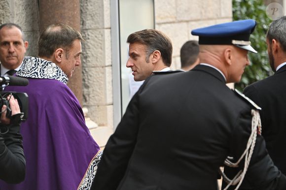 Le président Emmanuel Macron - Obsèques de Didier Guillaume (ancien ministre de l'Agriculture entre 2018 et 2020 et ancien Ministre d'Etat de Monaco 2024–2025) en la cathédrale Notre-Dame-Immaculée de Monaco le 23 janvier 2025. © Bruno Bebert/Bestimage