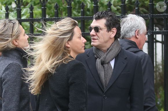 Marc Lavoine et Sarah - Obsèques de André Rousselet en la Basilique Sainte-Clotilde de Paris le 2 juin 2016.