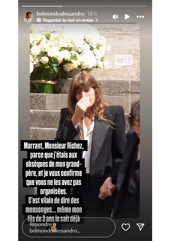 Le post d'Alessandro Belmondo sur Instagram, dans lequel il assure que Dominique Richez n'a pas organisé les obsèques de Jean-Paul Belmondo.