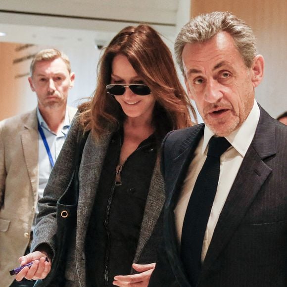 Nicolas Sarkozy et sa femme Carla Bruni - Dernier jour du procès du financement libyen de Sarkozy: ses avocats de l’ancien président vont plaider la relaxe, au tribunal de Paris, France, le 8 avril 2025. © Christophe Clovis/Bestimage