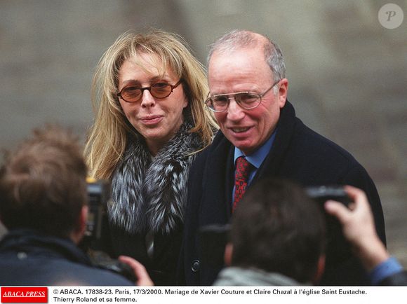 Mariage de Xavier Couture et Claire Chazal à l'église Saint Eustache. Thierry Roland et sa femme Françoise.  Paris, 17/3/2000. © ABACA