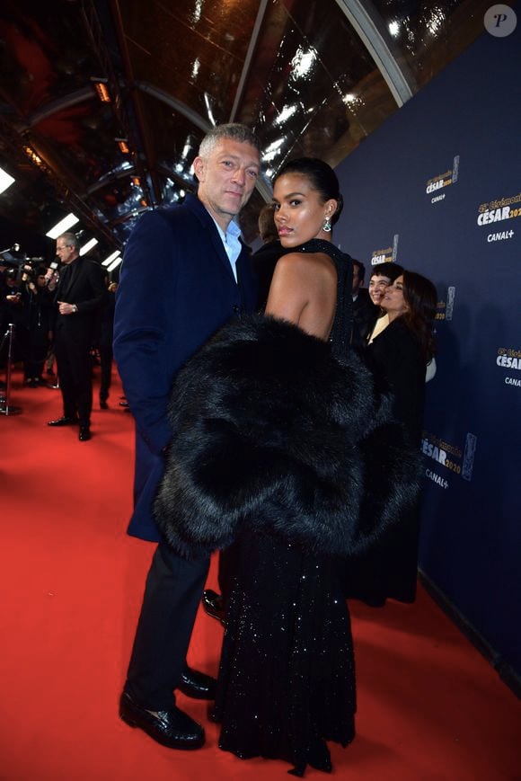 Exclusif - Vincent Cassel et sa compagne Tina Kunakey lors de l'arrivée à la 45ème cérémonie des Cesar à la salle Pleyel à Paris, le 28 février 2020. © Agence / Bestimage