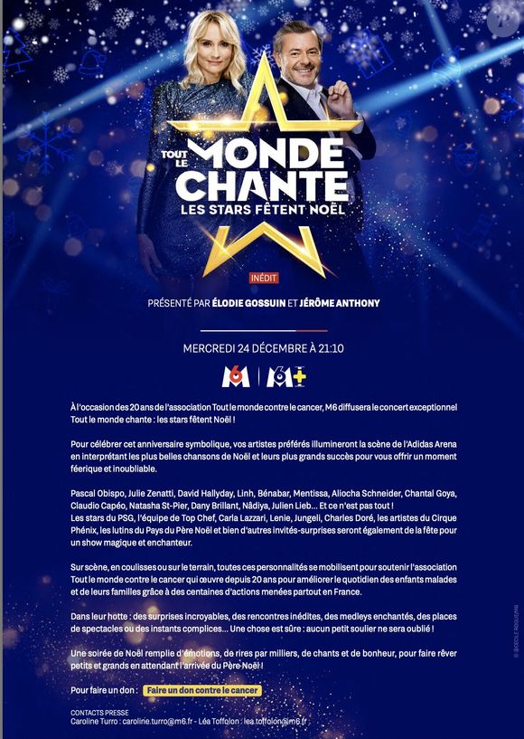 Exclusif - CP du concert du gala de Noël de l'association Tout le monde contre le cancer fête ses 20 ans diffusé le 24 décembre sur M6 à l'Adidas Aren Porte de la Chapelle à Paris, France, le 4 décembre 2025. © Coadic Guirec/Bestimage