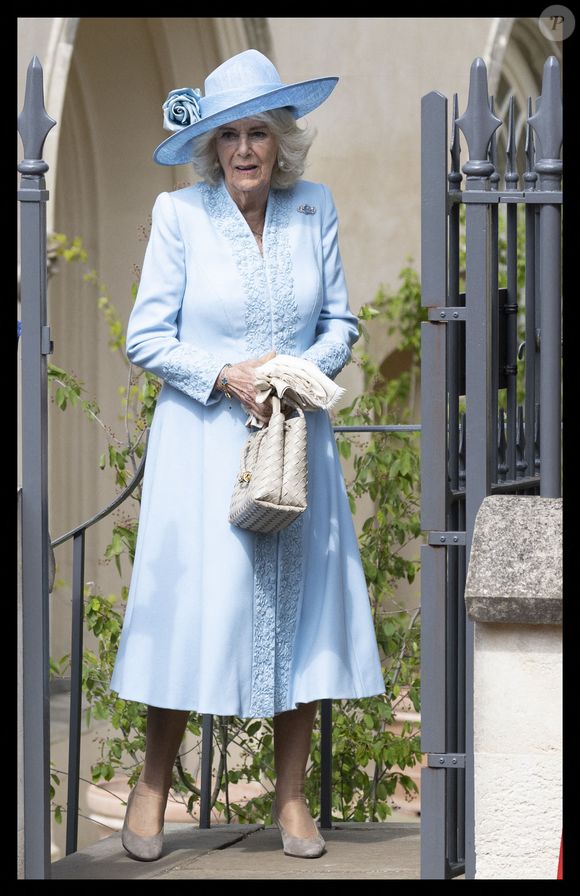 La reine Camilla quitte l'office religieux du dimanche de Pâques au château de Windsor, au Royaume-Uni. 20 avril 2025. Photo by Stephen Lock / i-Images/ABACAPRESS.COM