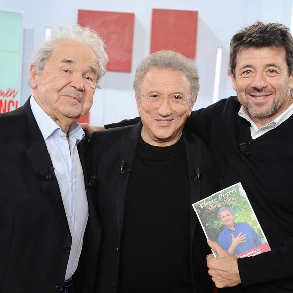 Exclusif - Pierre Perret, Michel Drucker et Patrick Bruel lors de l'enregistrement de l'émission "Vivement dimanche" au studio Rive Gauche, présentée par M.Drucker avec une diffusion sur France 3 le 15 mars 2026, à Paris, France, le 4 mars 2026. © Guillaume Gaffiot/Bestimage