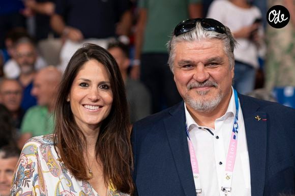 David Douillet et sa femme Vanessa Carrara - Les célébrités assistent aux épreuves de judo lors des Jeux Olympiques de Paris 2024 (JO) au Arena Champs de Mars à Paris, France, le 2 août 2024. © Jacovides-Perusseau/Bestimage