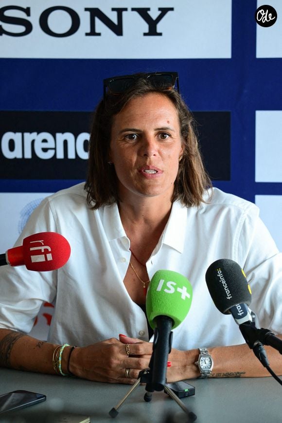 Laure Manaudou, championne olympique en 2004, lors d'une conférence de presse organisée dans le cadre des Championnats d'Europe de natation Paris 2026, le 14 août 2026, à Paris, en France. Photo de Tomas Stevens/Abaca