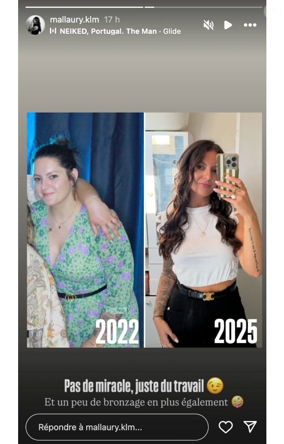 Une première photos date de 2021 tandis que la seconde a été prise en 2025. "Pas de miracle, juste du travail", comment-t-elle.

Mallaury de Mariés au premier regard dévoile sa transformation physique sur Instagram.