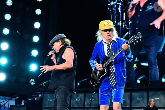 Angus Young et Brian Johnson d'AC/DC lors d'un concert à l'Ullevi Arena à Gothebburg, Suède, le 28 juillet 2025. Photo par Tommy Holl/Stella Pictures/ABACAPRESS.COM